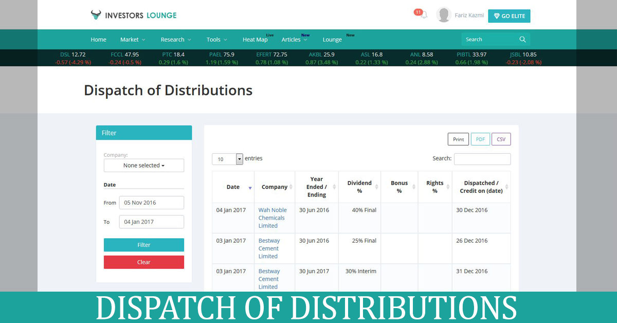 Dispatch of Dividend and Distributions Investors Lounge