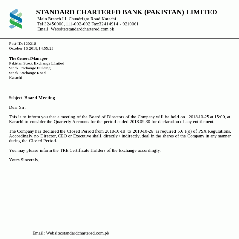 Standard Chartered Bank Limited Informed Pakistan Stock Exchange