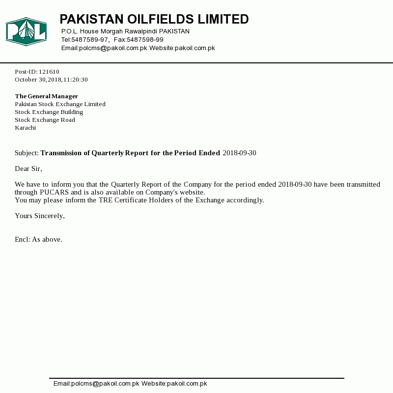 Pakistan Oilfields Limited informed Pakistan Stock Exchange Investors ...