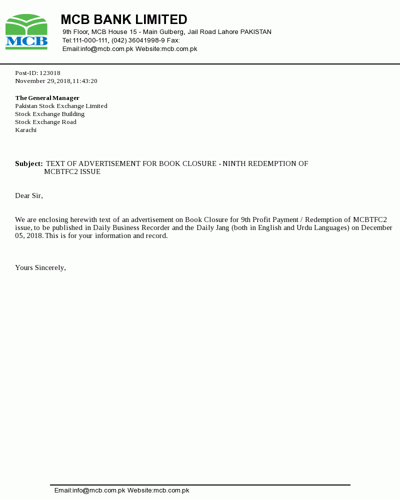 Mcb Bank Limited Informed Pakistan Stock Exchange Investors About
