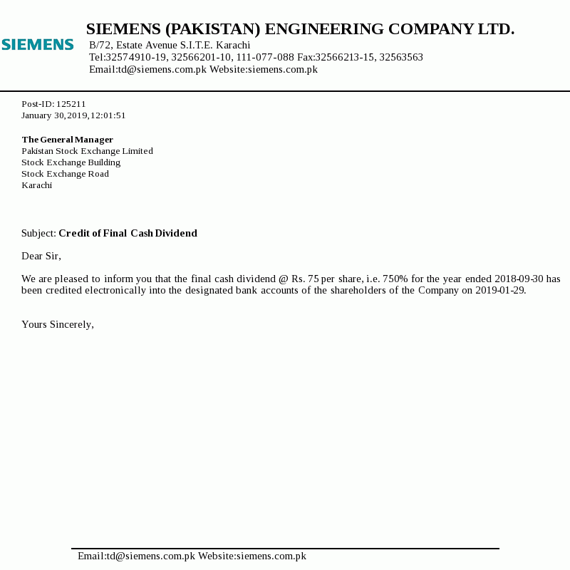 Siemens Pakistan Engineering Co. Limited informed Pakistan Stock ...