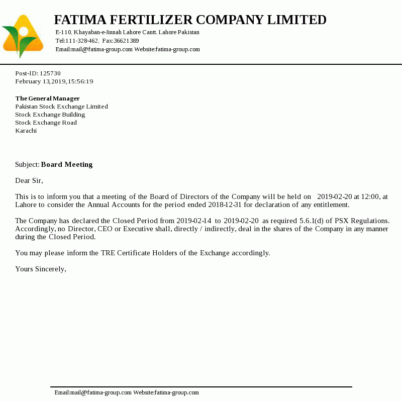 Fatima Fertilizer Company Limited informed Pakistan Stock Exchange ...