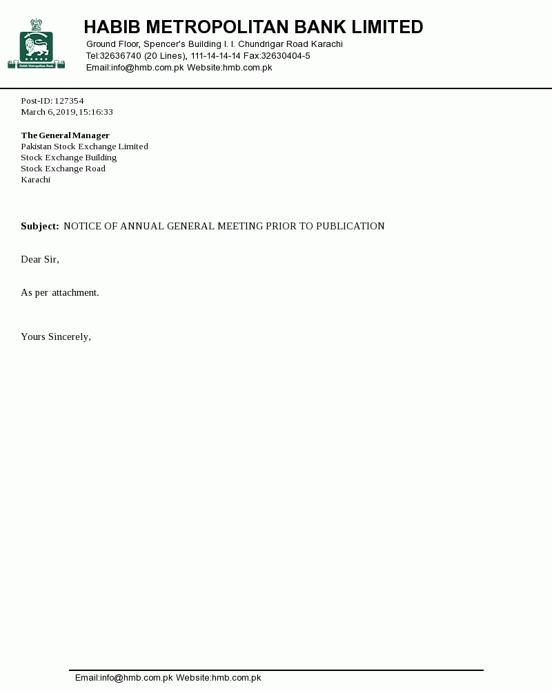 Habib Metropolitan Bank Limited Informed Pakistan Stock Exchange