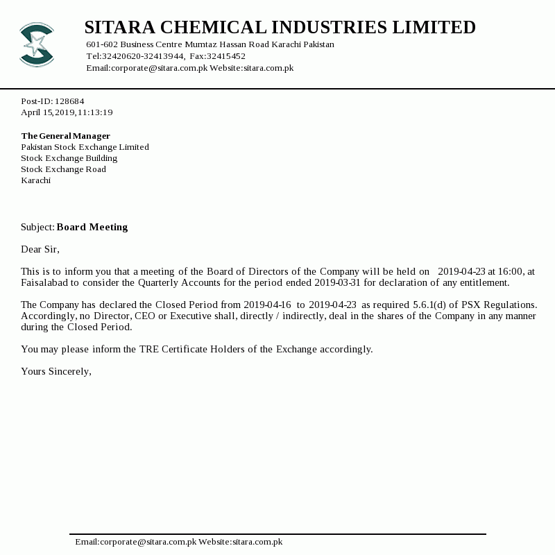 Sitara Chemical Industries Limited informed Pakistan Stock Exchange ...