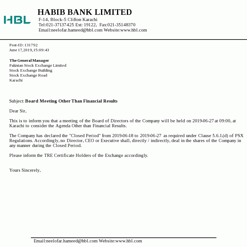 Habib Bank Limited Informed Pakistan Stock Exchange Investors