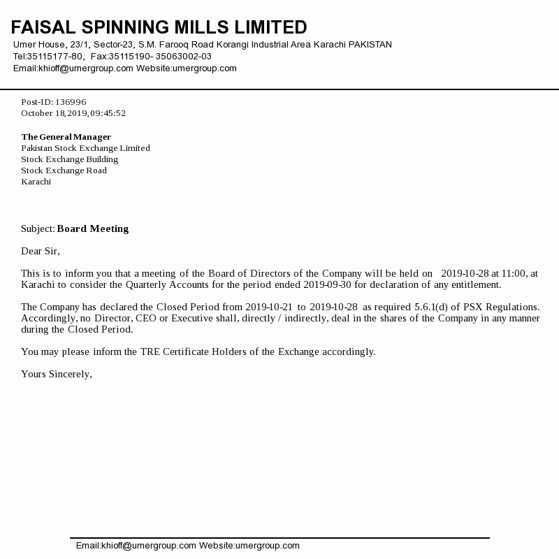 Faisal Spinning Mills Limited informed Pakistan Stock Exchange ...