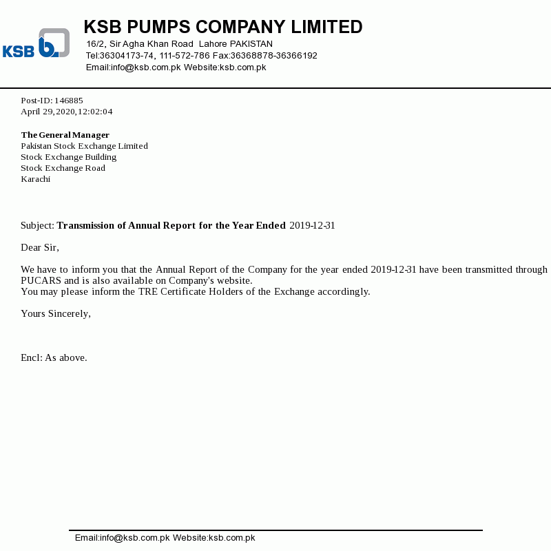 K.S.B. Pumps Co. Limited informed Pakistan Stock Investors about Transmission of report for the year ended 31.12.2019 4/29/2020