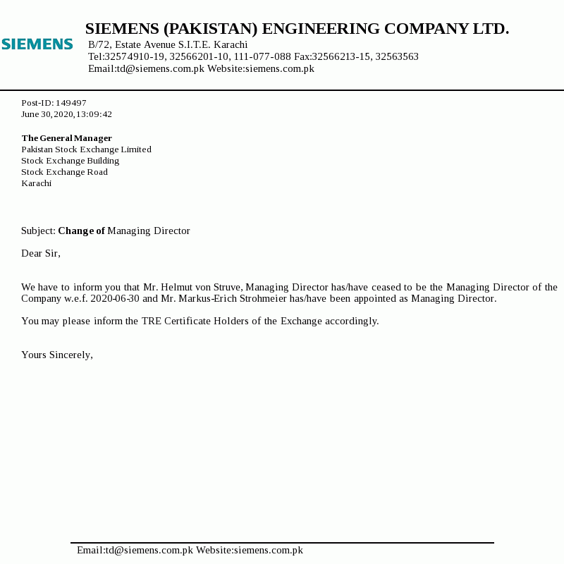 Siemens Pakistan Engineering Co. Limited informed Pakistan Stock ...