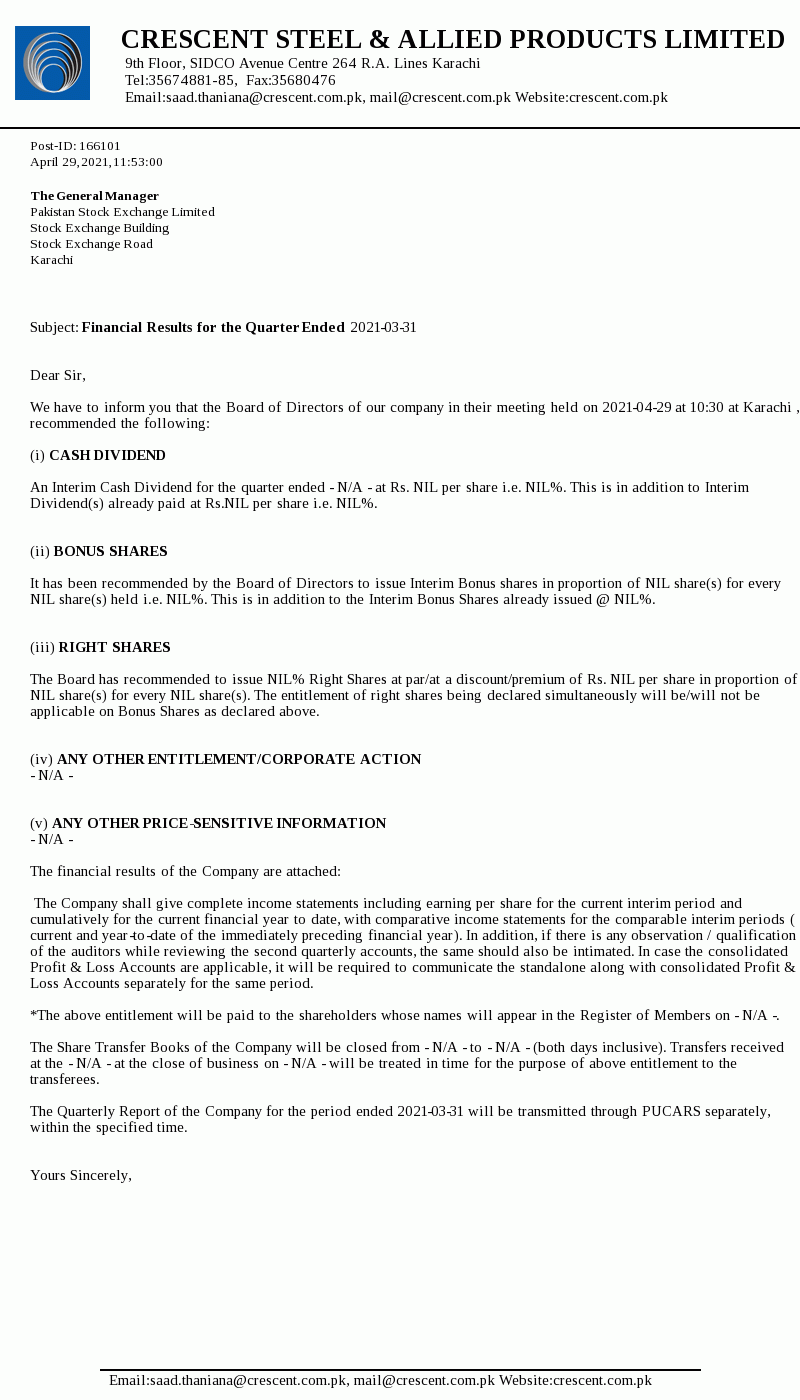 Crescent Steel & Allied Products Limited informed Pakistan Stock