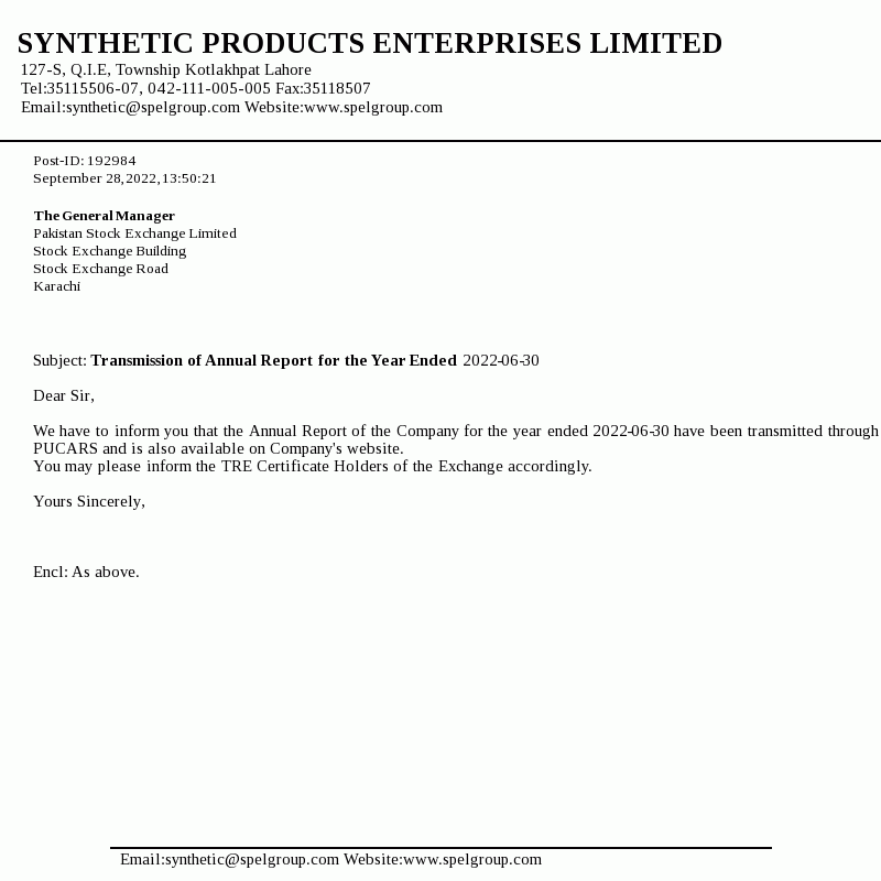 Synthetic Products Enterprises Limited informed Pakistan Stock Exchange